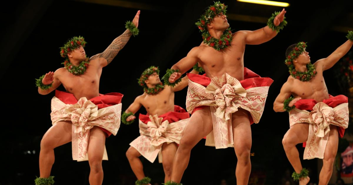 Men performing hula kahiko