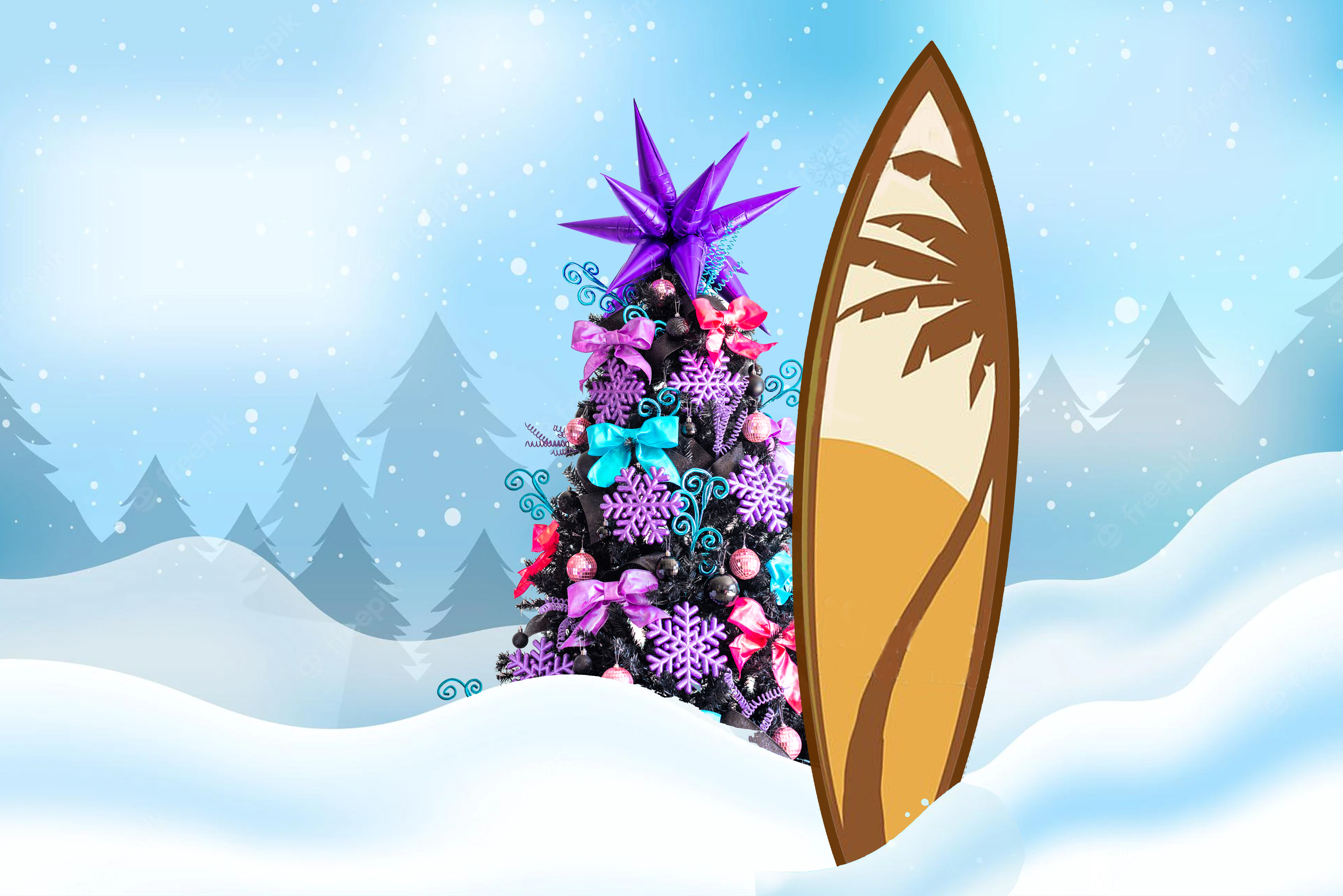 Christmas Tree and Surfboard in the snow