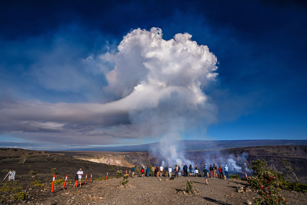 Visitors at the Kilauea Caldera at Hawaii Volcanoes National Park
