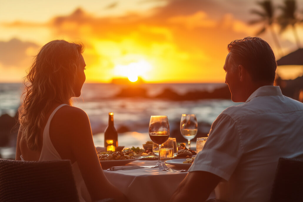 couple dining at sunset in Hawaii