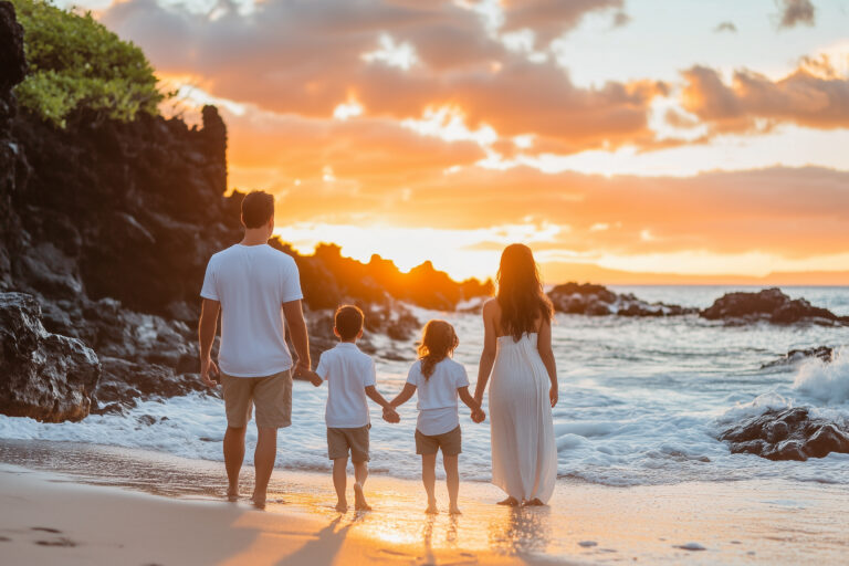 Family on the beach watching sunset