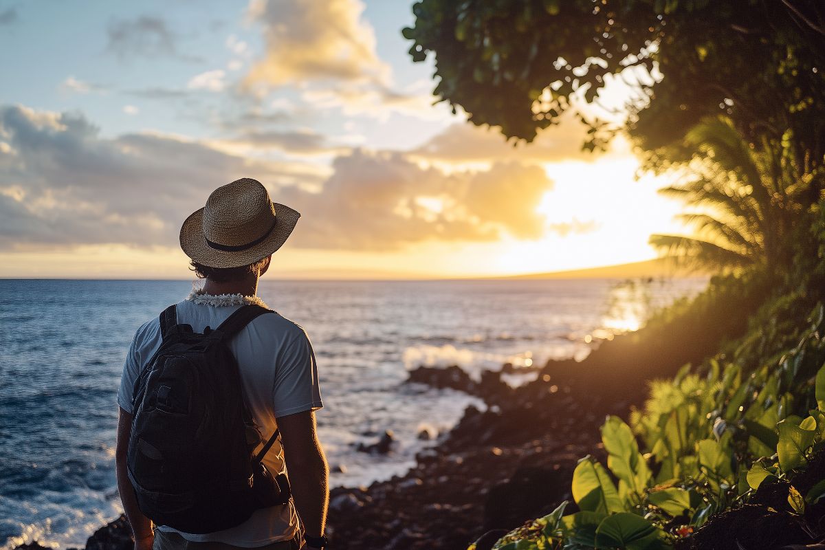Man on the Hawaiian beach watching sunset