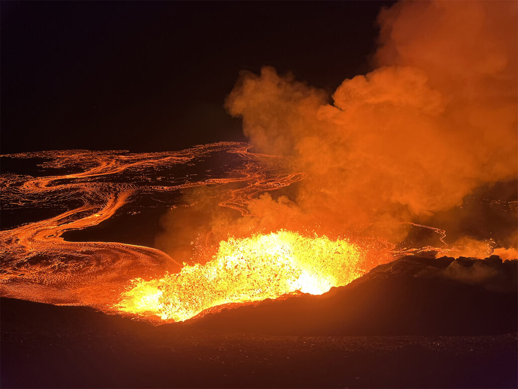 Lava eruption at night