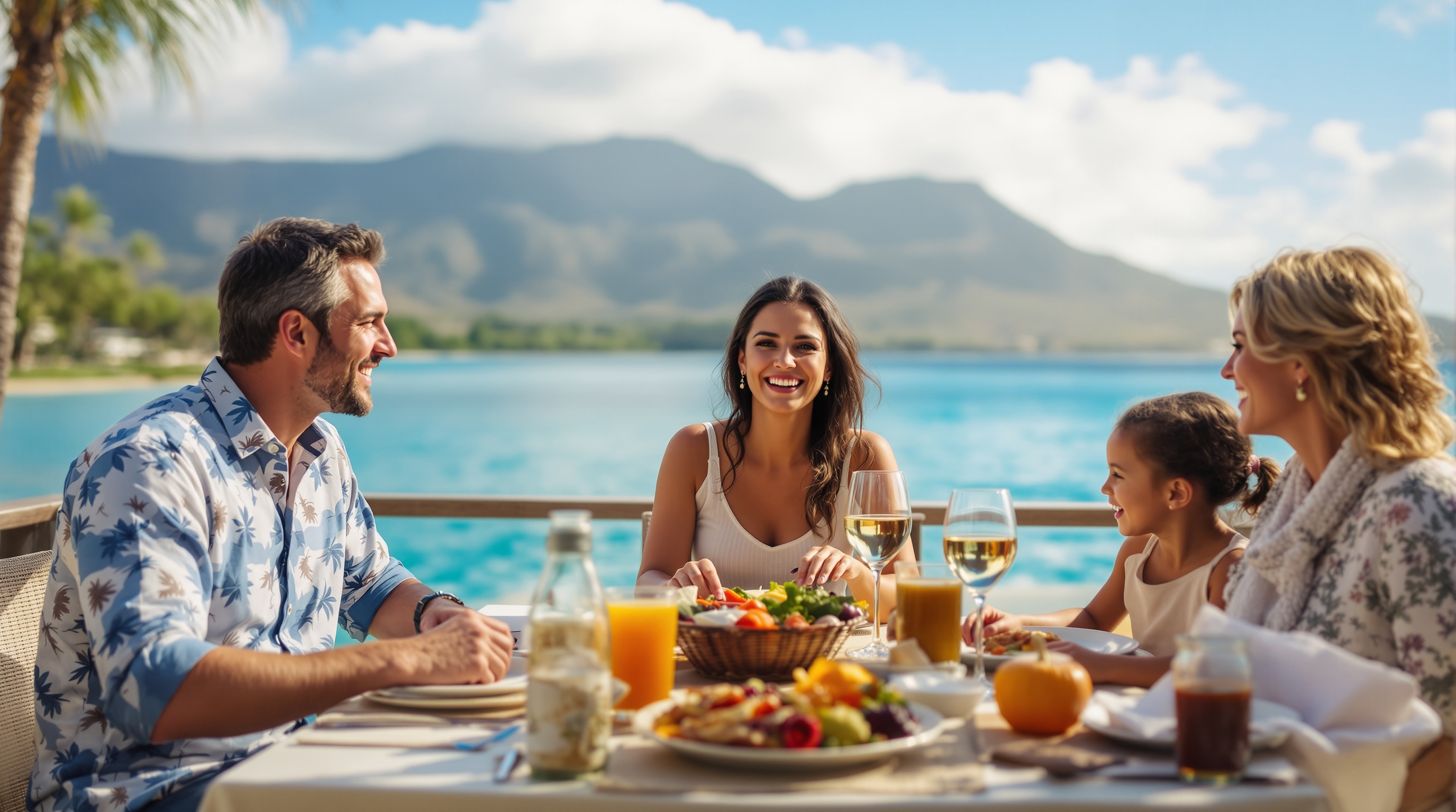 Happy family having Thanksgiving dinner in Hawaii