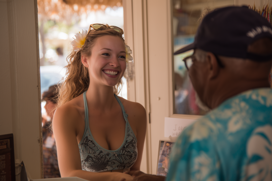Older Hawaiian man greeting a young girl guest at the door