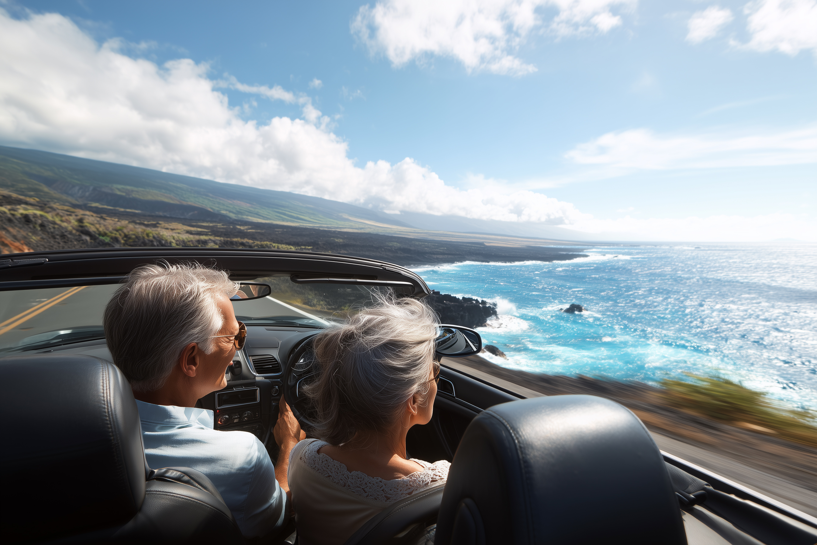 Middle-age couple in a convertible cruising along the coastline on the Big Island of Hawaii