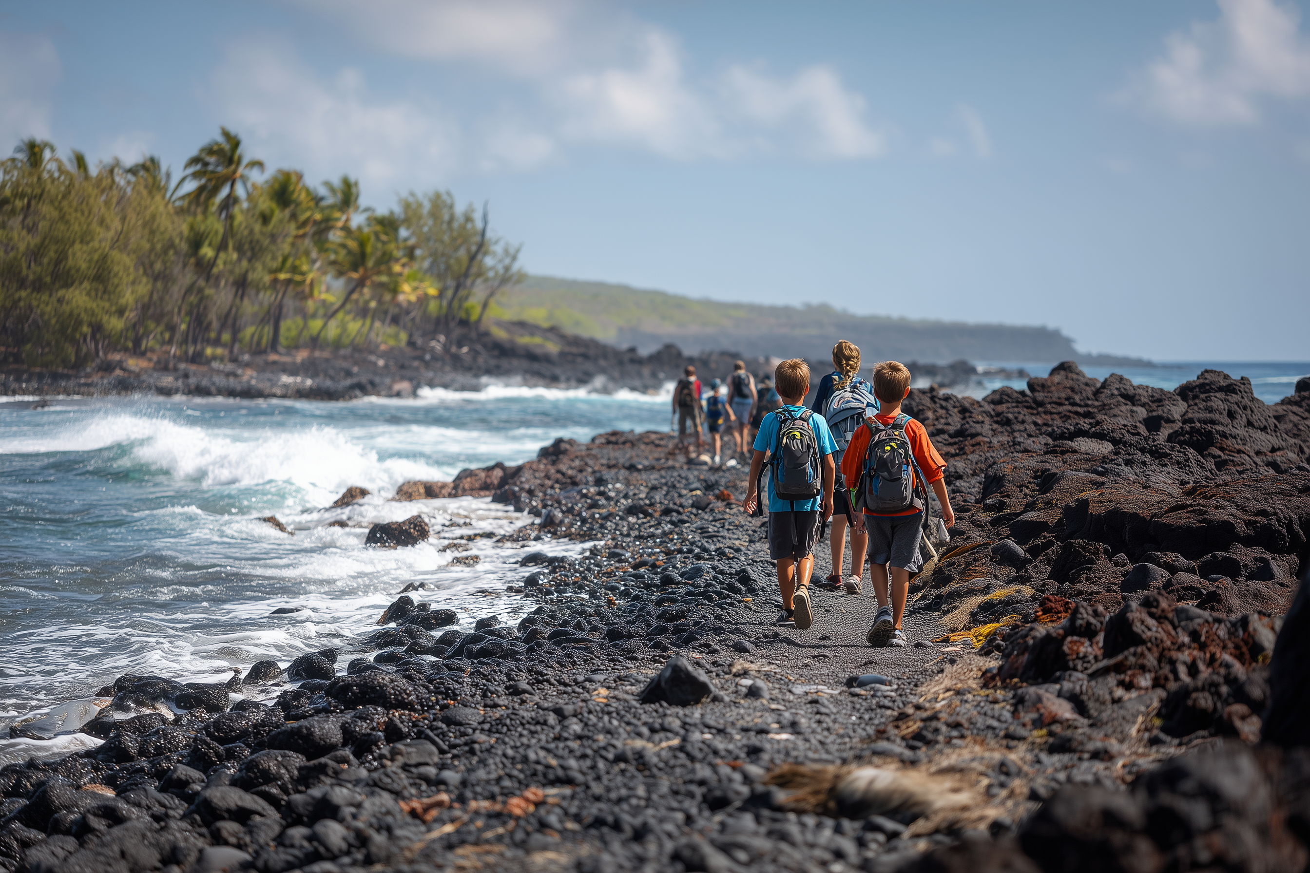 Family with kids walking on lava trail in Hawaii
