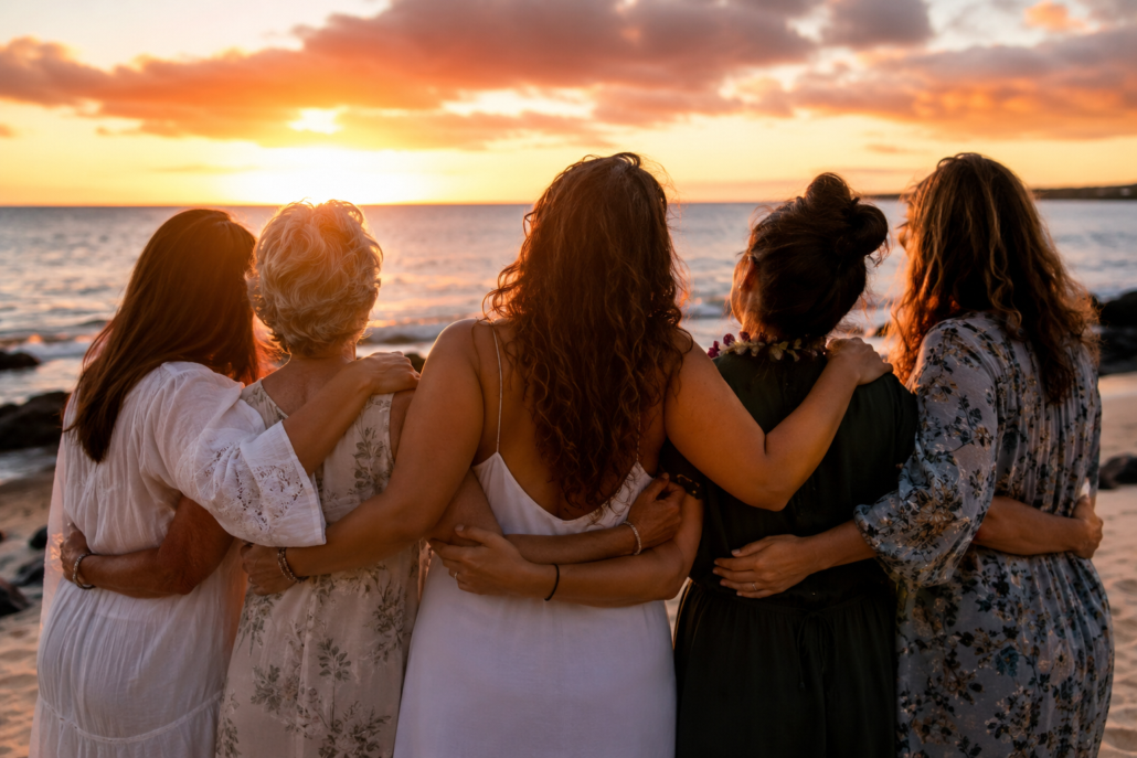 Five women watching sunset on the beach and holding each other