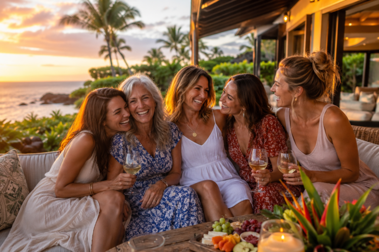 group of happy women sitting on a lanai with ocean view in Hawaii and drinking wine