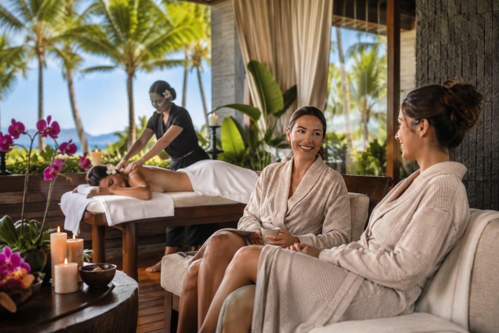 two women sitting in a spa and talking