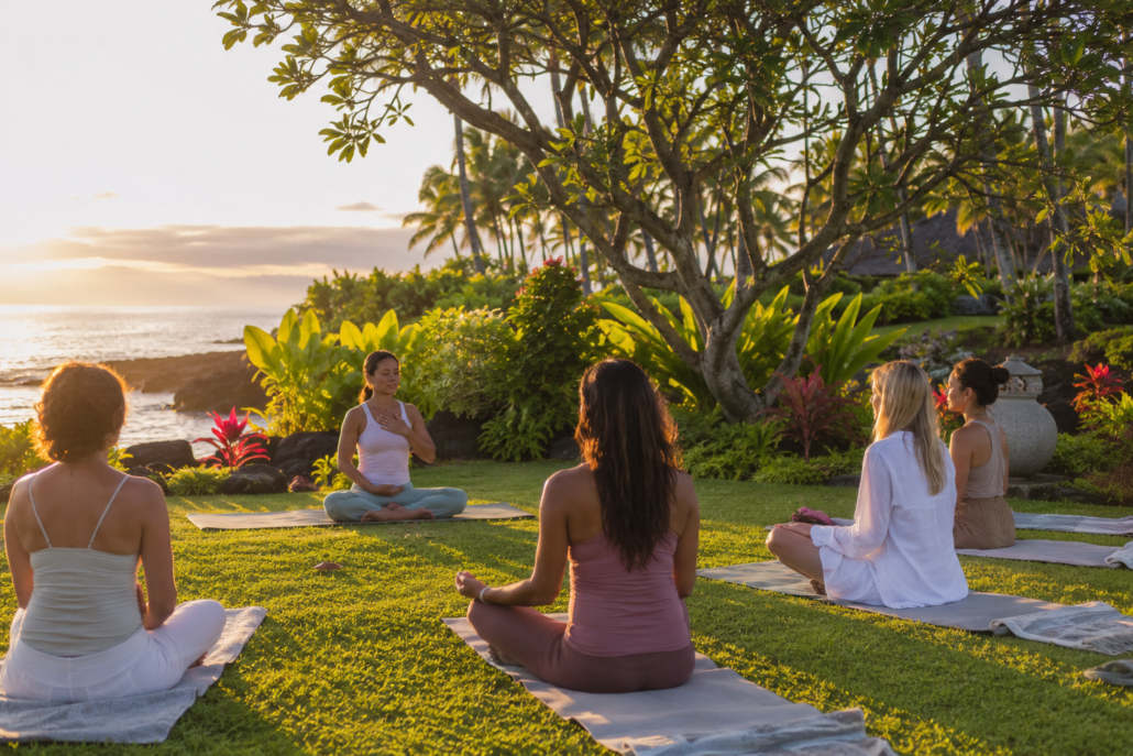 womens' yoga class on the beach in Hawaii