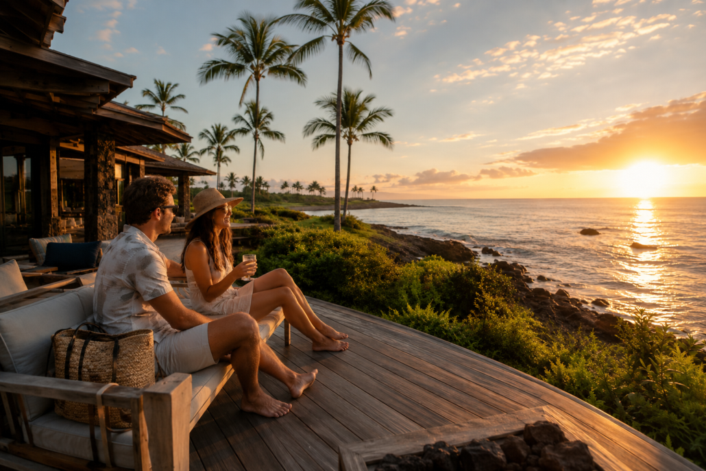 Beautiful couple watching sunset in Hawaii from the Lanai