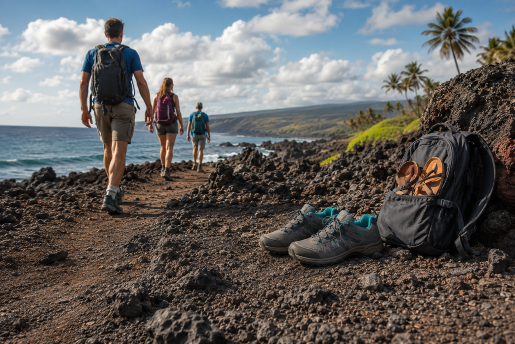 Walking shoes in the backpack with flip flops next to the lava trail along the beach with people walking on it