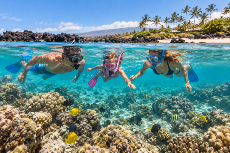 Family of three snorkeling in Hawaii underwater view