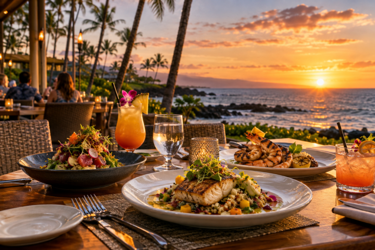 dinner table with ocean view and sunset in Hawaii